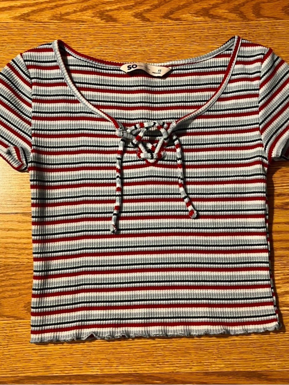 SO Lace-Up Ribbed Crop Top - Red, White & Black Stripes